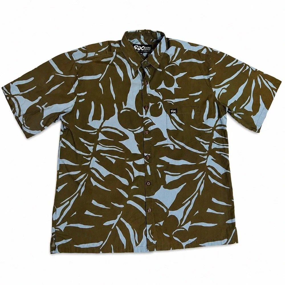 Rix Island‎ Wear Mens XL Aloha Hawaiian Shirt Olive Blue Tropical Leaf Cotton